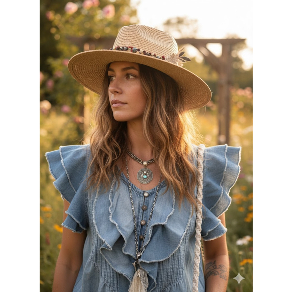 Free People FP One Denim Ruffle Blouse Small